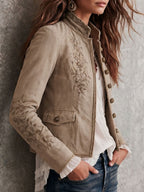 Lavinia - Women's Embroidered Stand Collar Jacket with Braided Trim