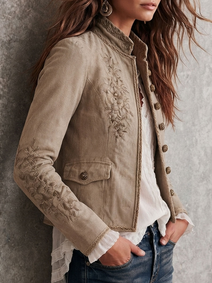 Lavinia - Women's Embroidered Stand Collar Jacket with Braided Trim