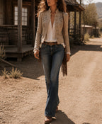 Lavinia - Women's Embroidered Stand Collar Jacket with Braided Trim