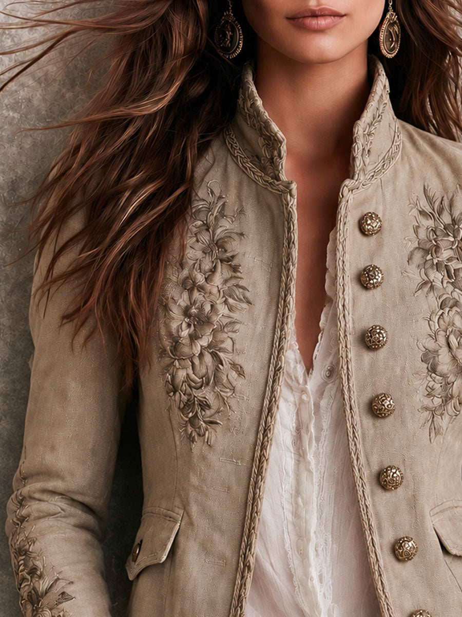 Lavinia - Women's Embroidered Stand Collar Jacket with Braided Trim