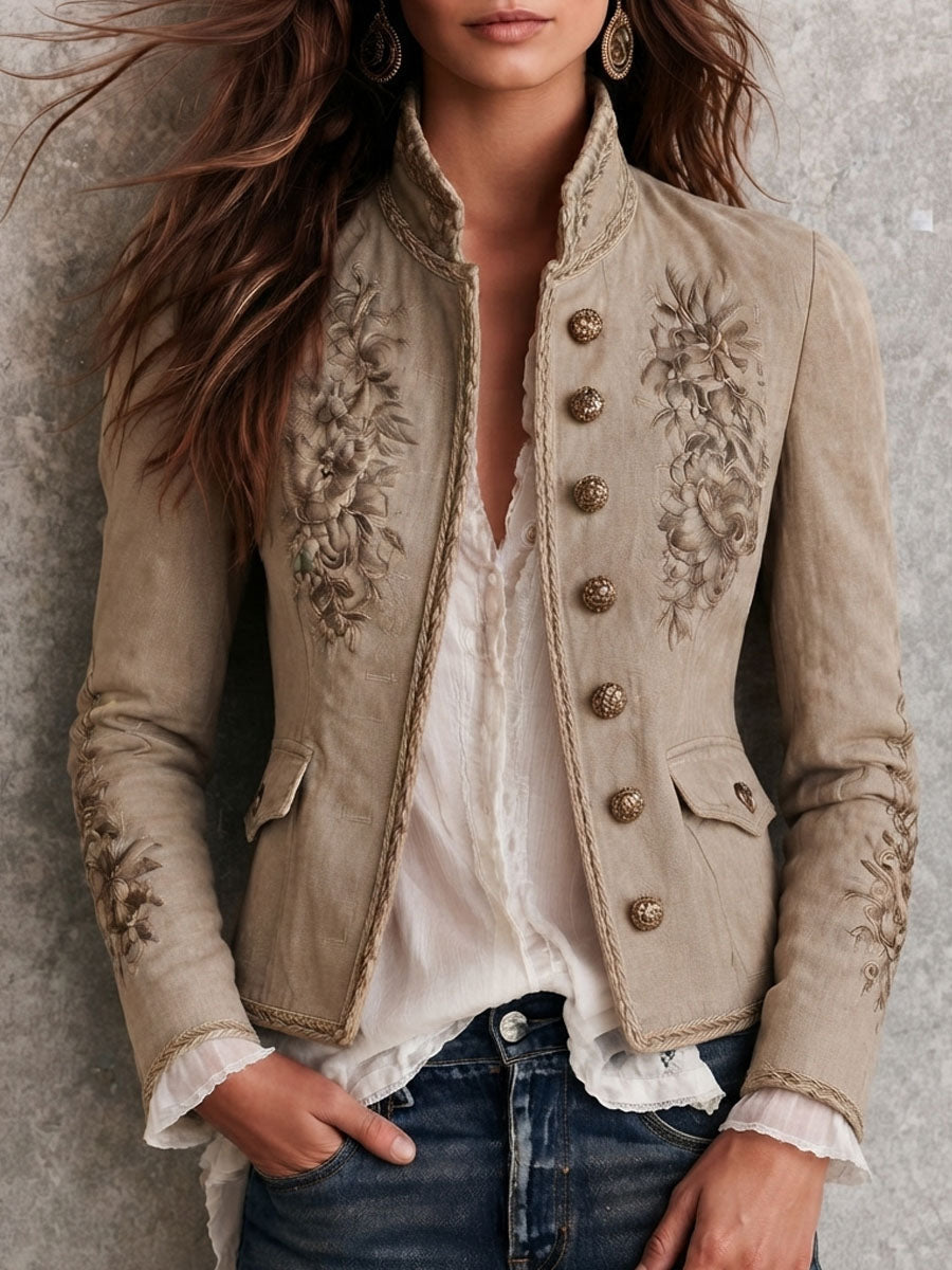 Lavinia - Women's Embroidered Stand Collar Jacket with Braided Trim