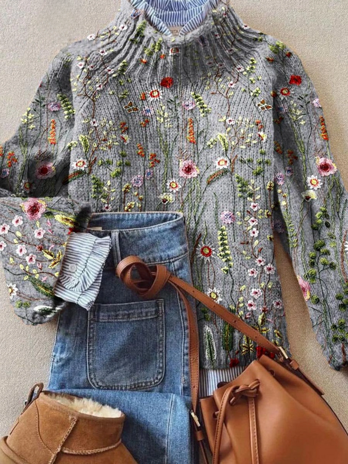 Lenora - Women's Embroidered Floral Crew-Neck Sweater