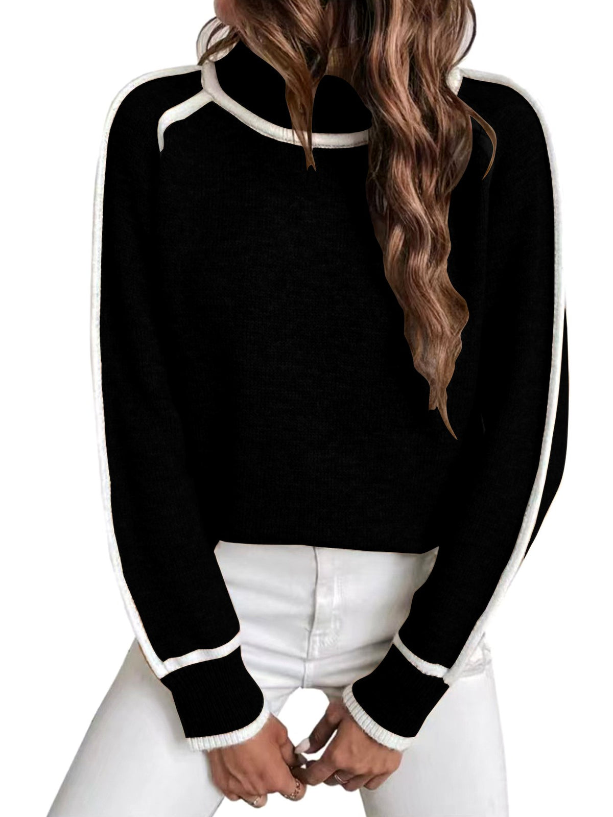 Leona - Women's Contrast Piping Long Sleeve Knit Sweater 4