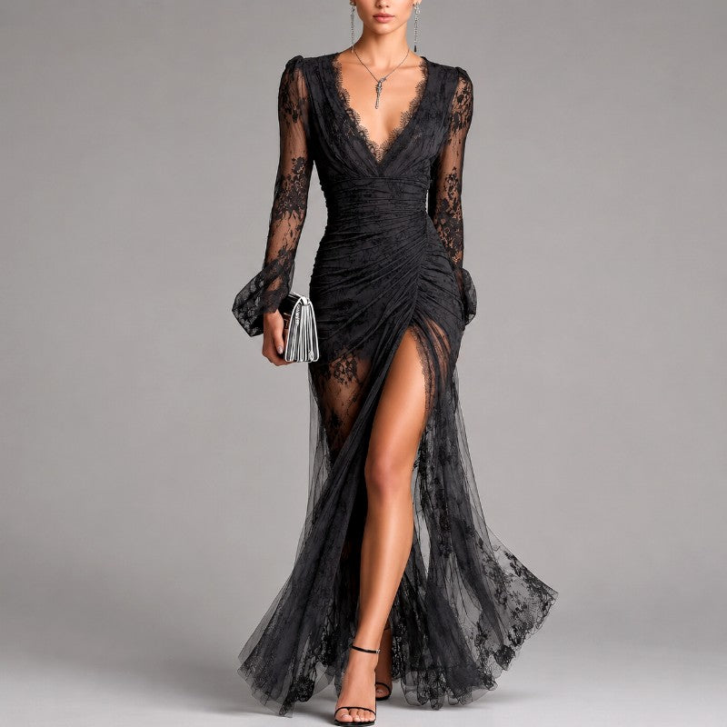 Lexi - Women's Sheer Lace Long-Sleeve Ruched Maxi Dress 1