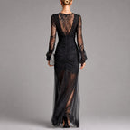 Lexi - Women's Sheer Lace Long-Sleeve Ruched Maxi Dress 2