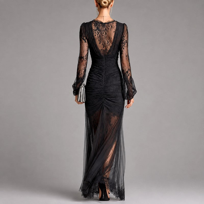 Lexi - Women's Sheer Lace Long-Sleeve Ruched Maxi Dress 2