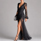 Lexi - Women's Sheer Lace Long-Sleeve Ruched Maxi Dress 3