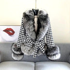 Livia - Women’s Houndstooth Faux Fur Belted Coat 1