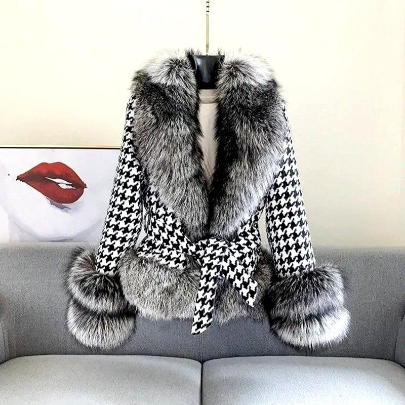 Livia - Women’s Houndstooth Faux Fur Belted Coat 1