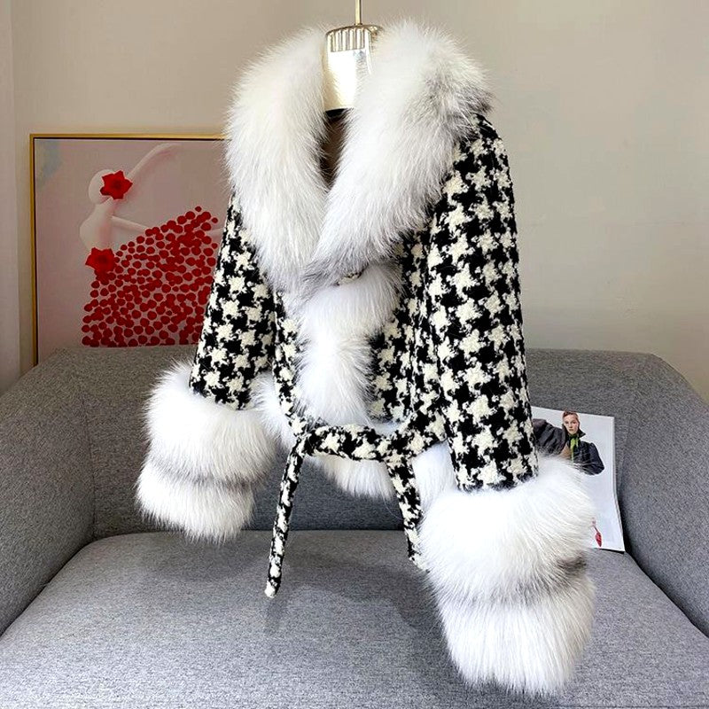 Livia - Women’s Houndstooth Faux Fur Belted Coat 2