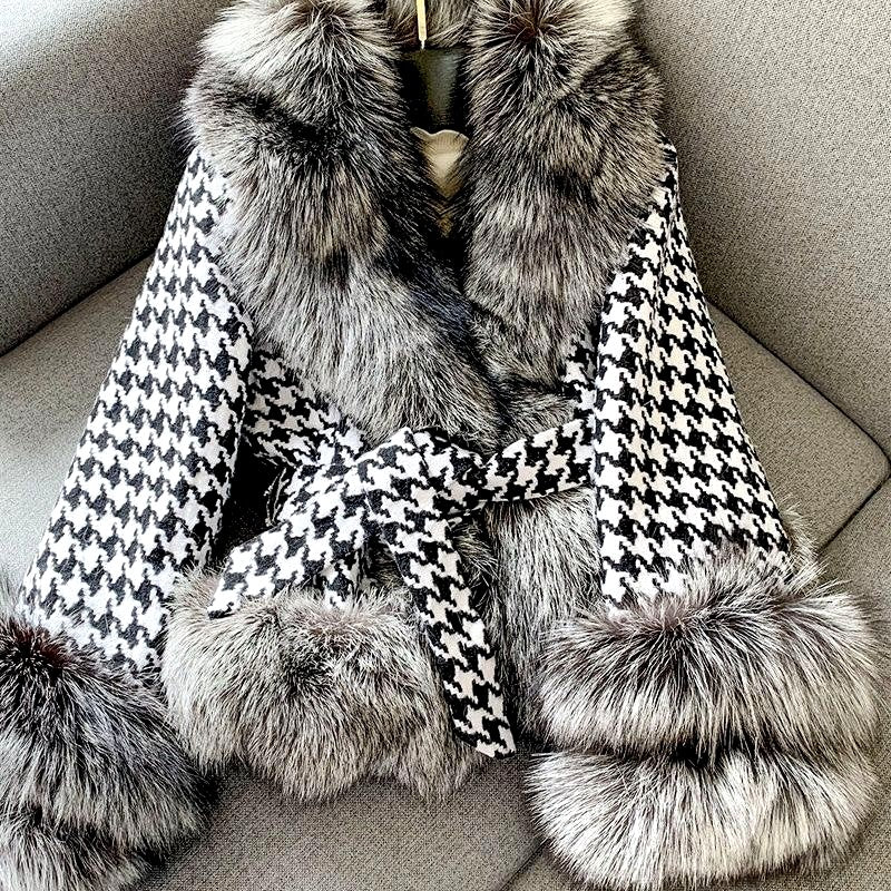 Livia - Women’s Houndstooth Faux Fur Belted Coat 5