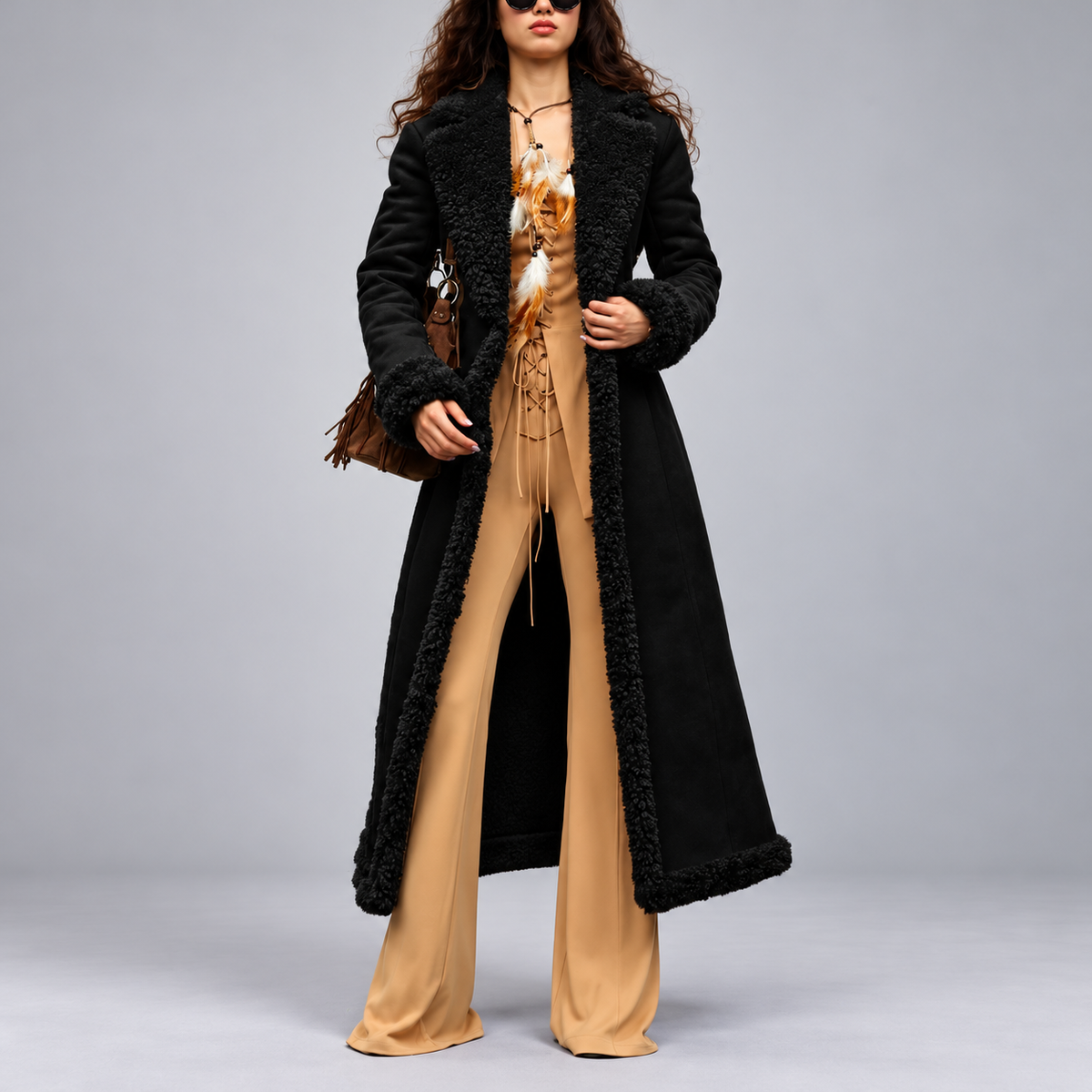 Liza - Women's Long Textured Trim A-Line Coat 8
