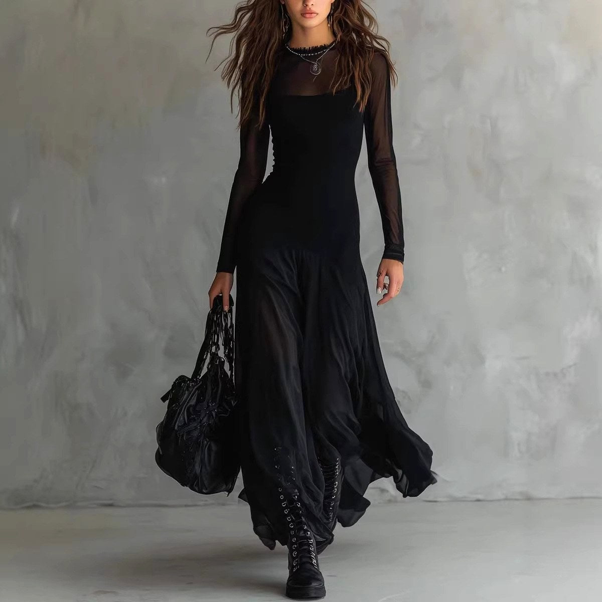 Lotta - Women's Sheer Long Sleeve Flowing Maxi Dress 1