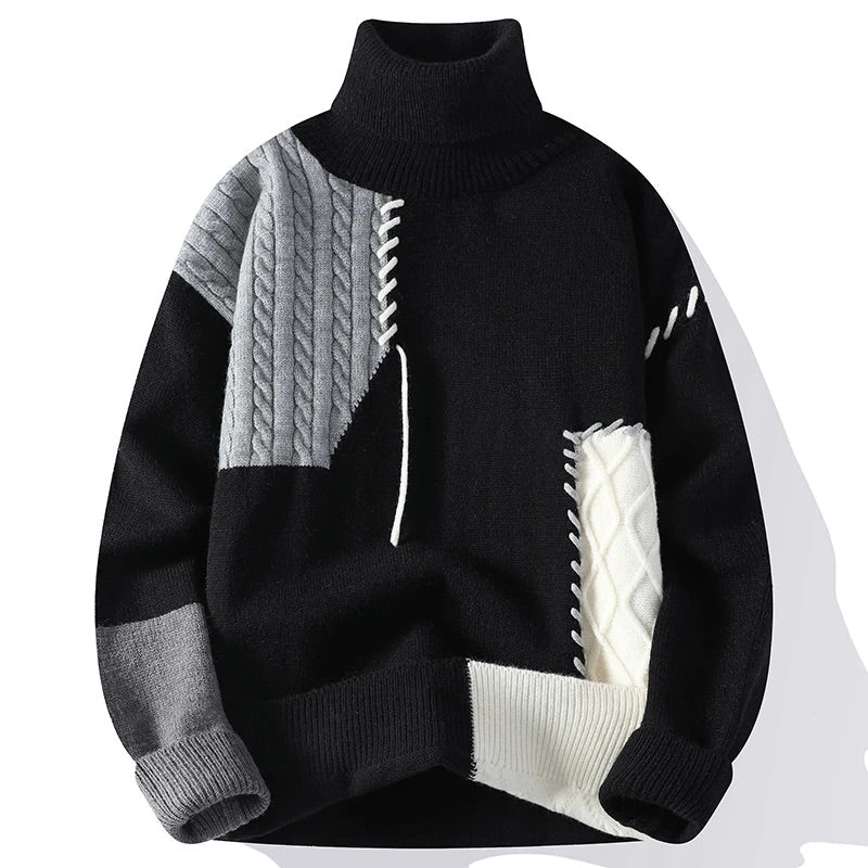 Lucas - Men's Patchwork Turtleneck Sweater with Cable-Knit Panels