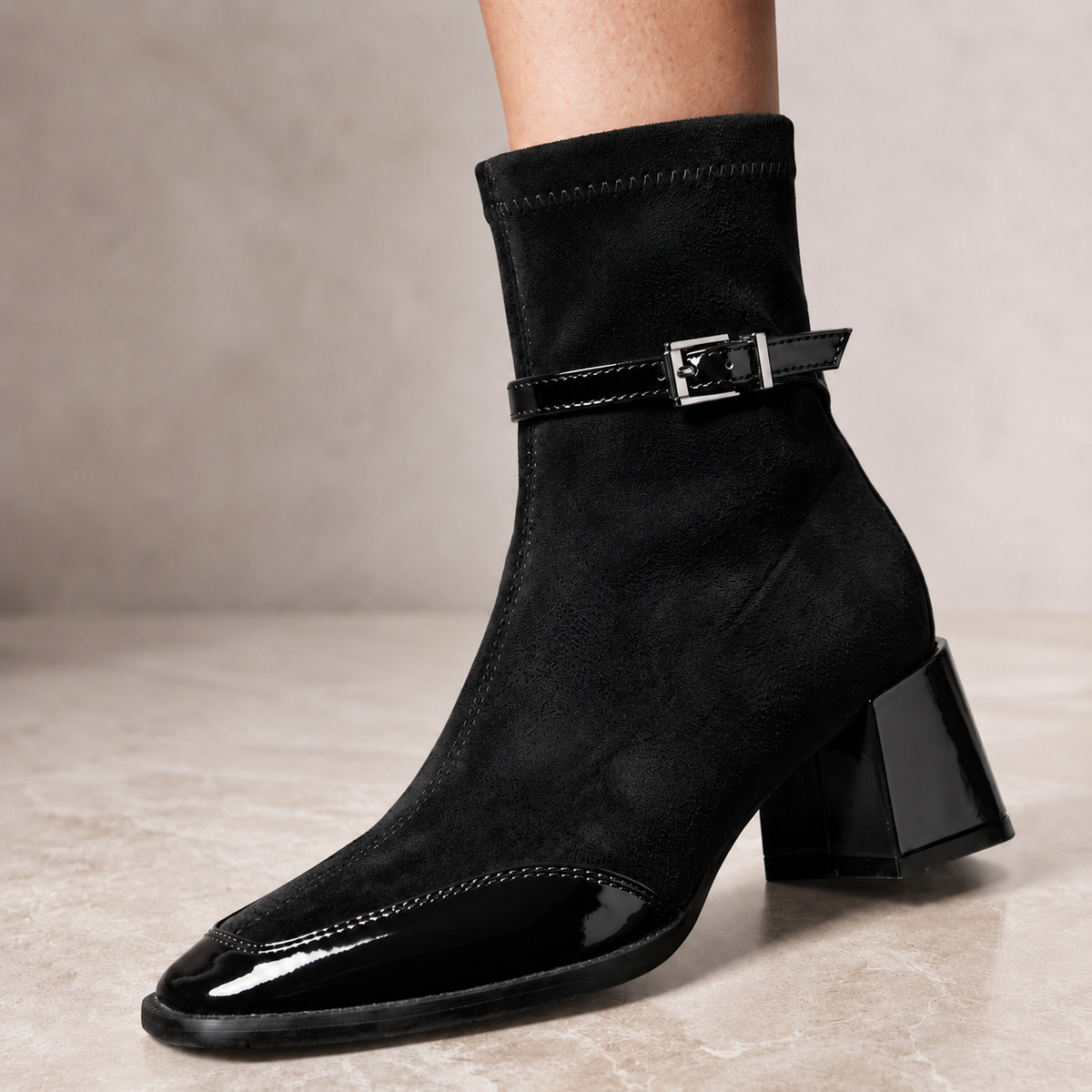 Lucia - Women's Suede Ankle Boots with Patent Toe 