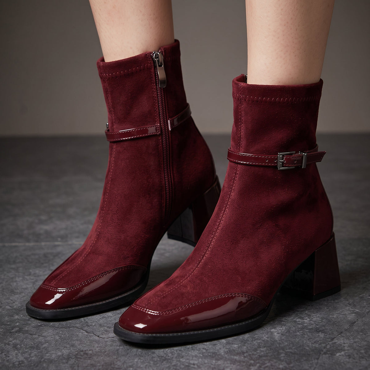 Lucia - Women's Suede Ankle Boots with Patent Toe 