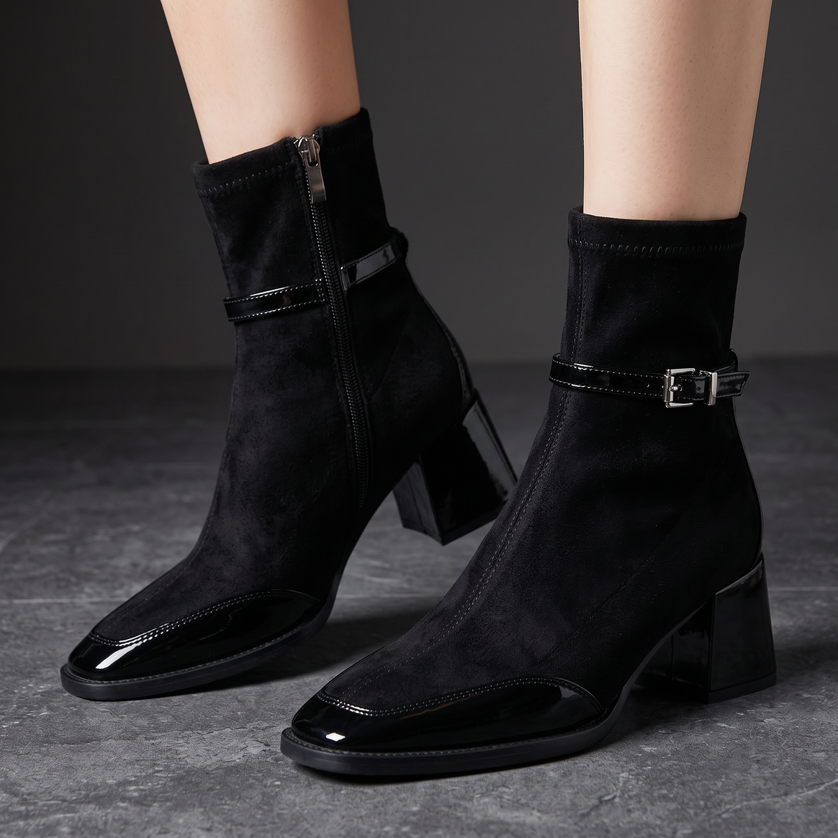 Lucia - Women's Suede Ankle Boots with Patent Toe 
