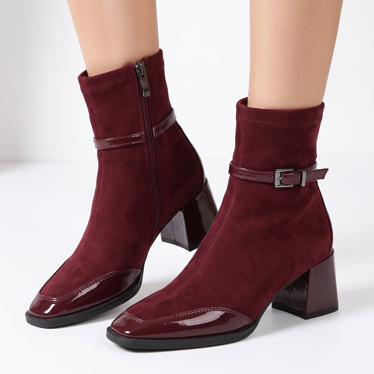 Lucia - Women's Suede Ankle Boots with Patent Toe 
