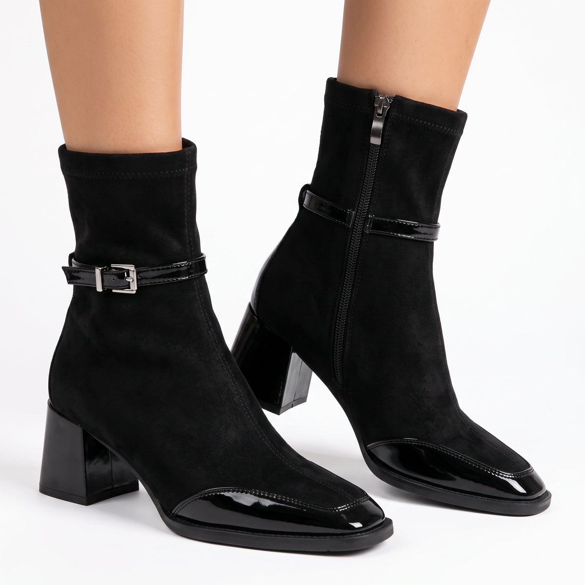 Lucia - Women's Suede Ankle Boots with Patent Toe 
