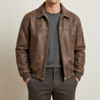 Lucian - Men's Distressed Leather Bomber Jacket with Ribbed Cuffs