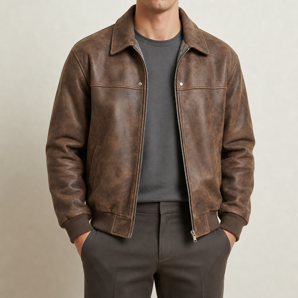 Lucian - Men's Distressed Leather Bomber Jacket with Ribbed Cuffs