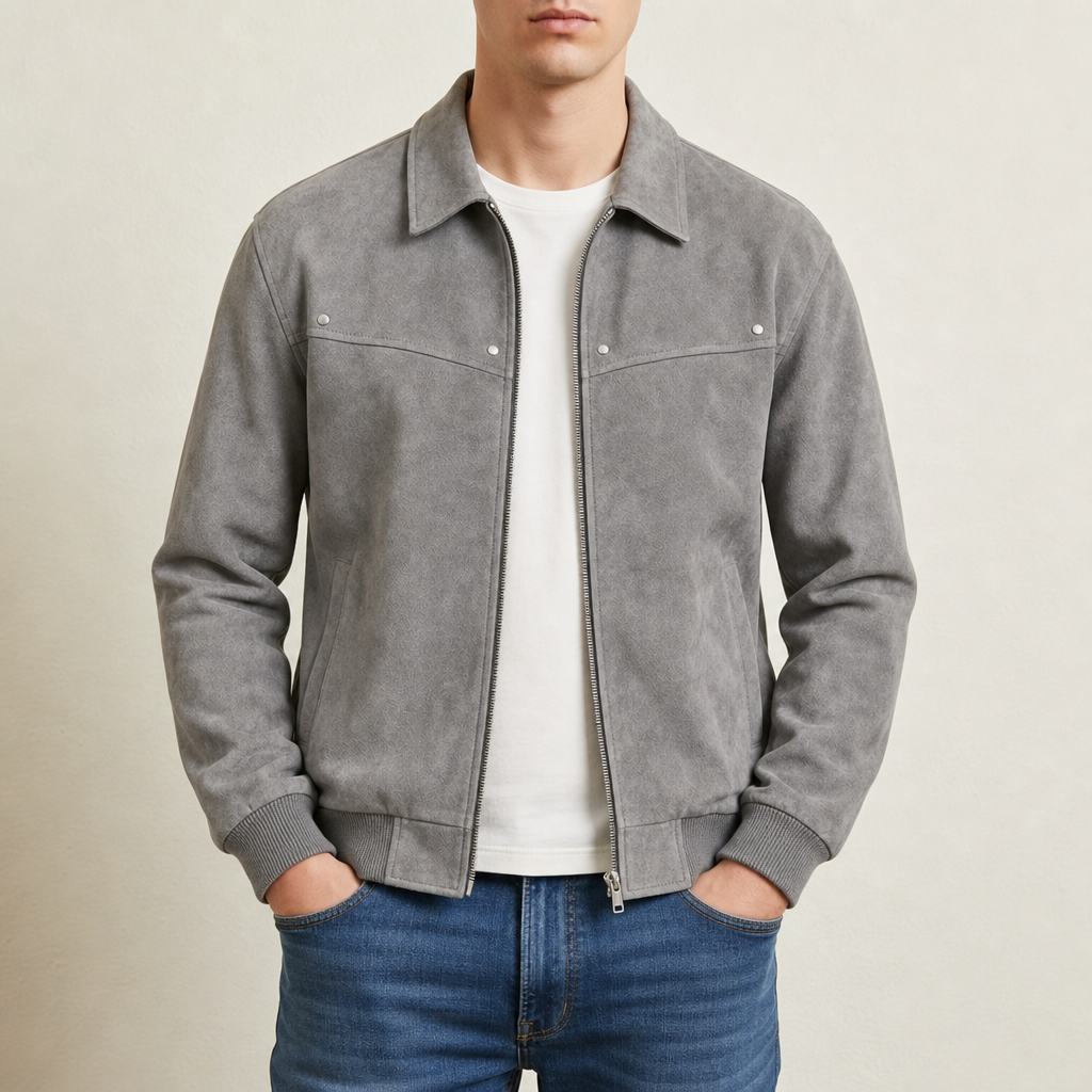 Lucian - Men's Distressed Leather Bomber Jacket with Ribbed Cuffs