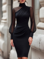 Lucienne - Women's High-Neck Draped Bodycon Dress with Sheer Sleeves