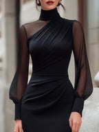 Lucienne - Women's High-Neck Draped Bodycon Dress with Sheer Sleeves
