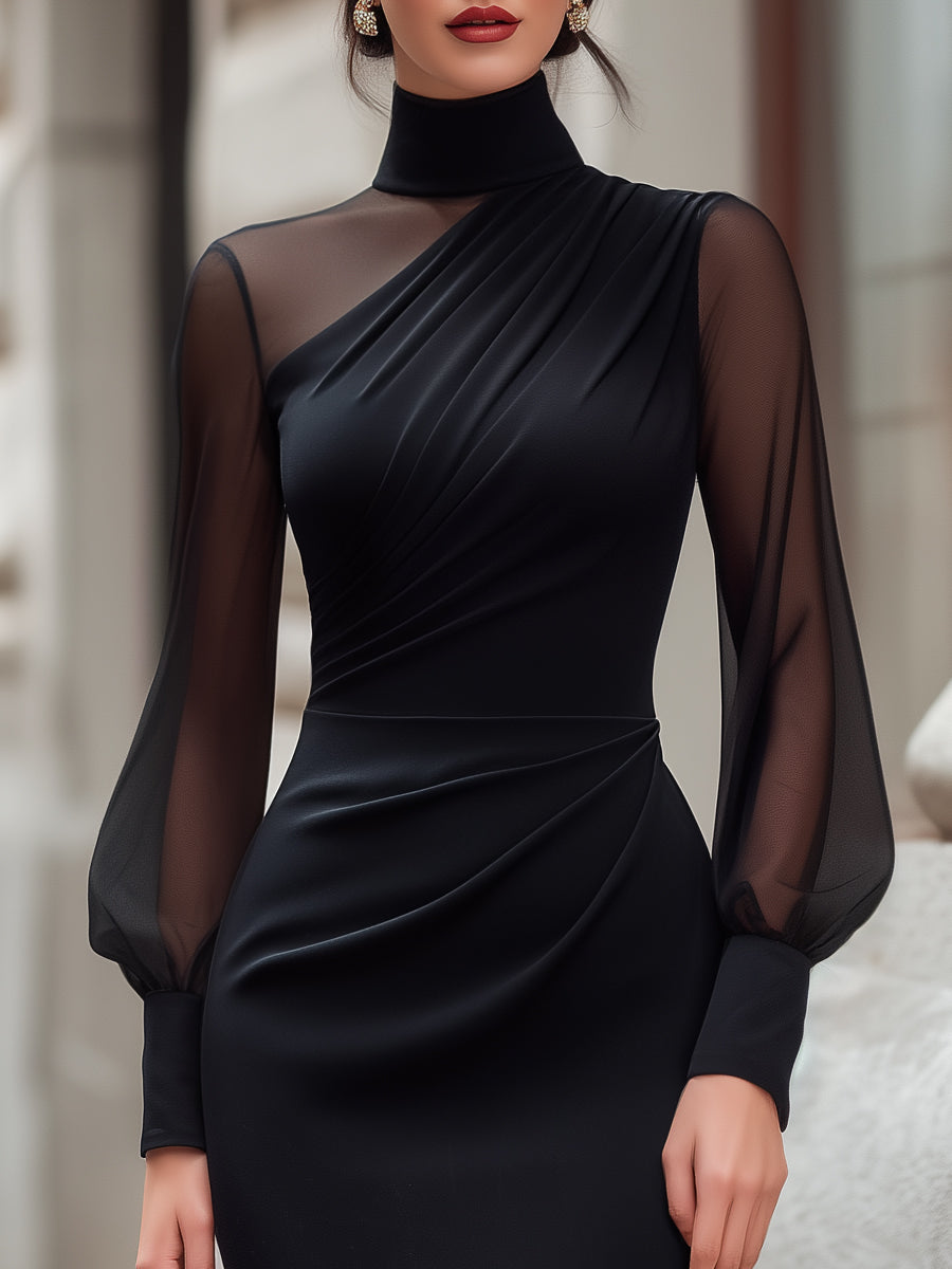Lucienne - Women's High-Neck Draped Bodycon Dress with Sheer Sleeves