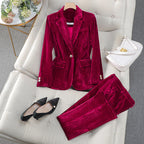 Lucille - Women's Ribbed Velvet Blazer and Tapered Trouser Suit Set