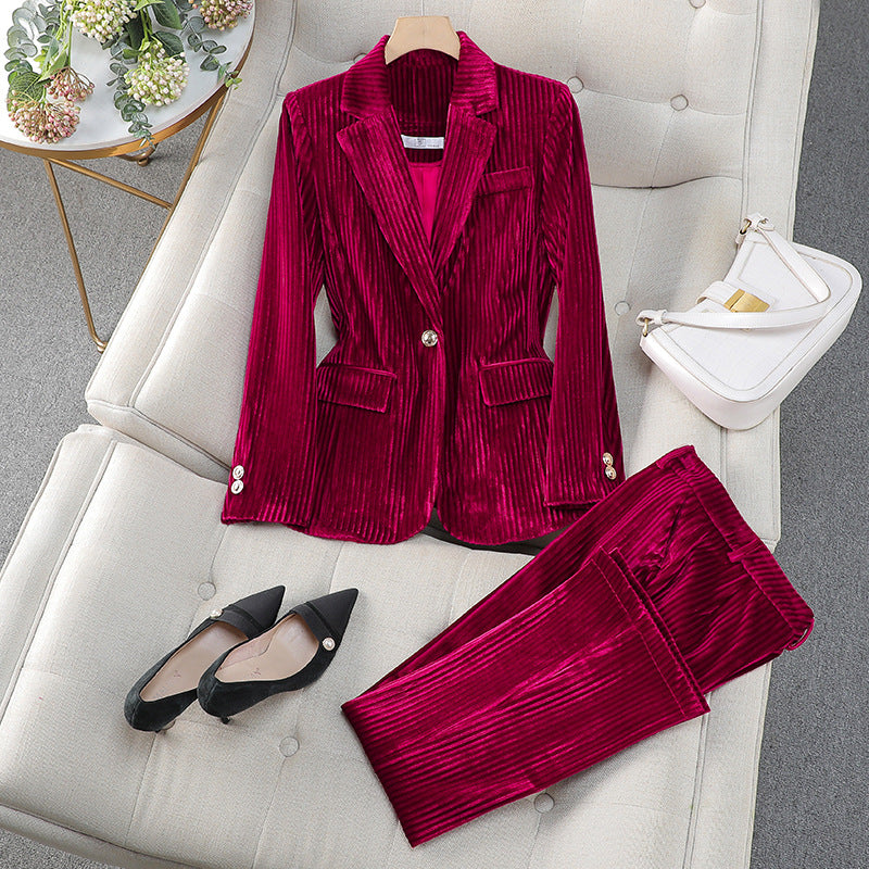 Lucille - Women's Ribbed Velvet Blazer and Tapered Trouser Suit Set