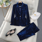 Lucille - Women's Ribbed Velvet Blazer and Tapered Trouser Suit Set