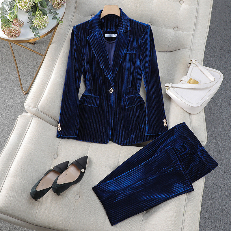 Lucille - Women's Ribbed Velvet Blazer and Tapered Trouser Suit Set