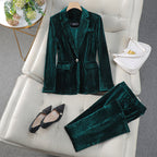 Lucille - Women's Ribbed Velvet Blazer and Tapered Trouser Suit Set