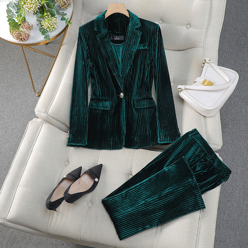 Lucille - Women's Ribbed Velvet Blazer and Tapered Trouser Suit Set