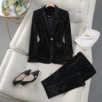 Lucille - Women's Ribbed Velvet Blazer and Tapered Trouser Suit Set
