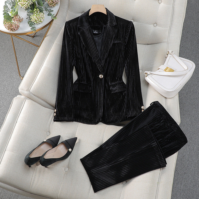 Lucille - Women's Ribbed Velvet Blazer and Tapered Trouser Suit Set