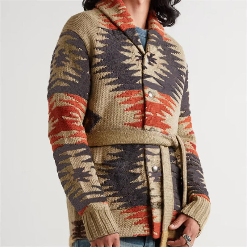 Luke - Men's Aztec-Print Cardigan with Shawl Collar