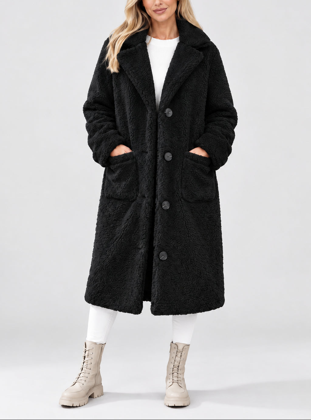 Mabel - Women's Teddy Coat with Notch Collar and Button Front