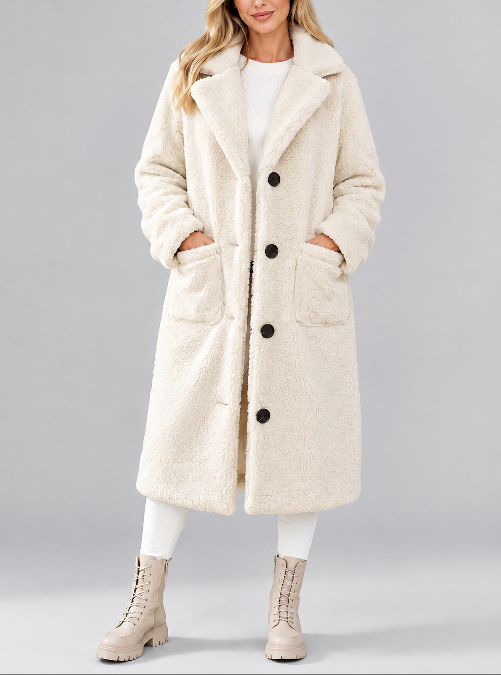 Mabel - Women's Teddy Coat with Notch Collar and Button Front