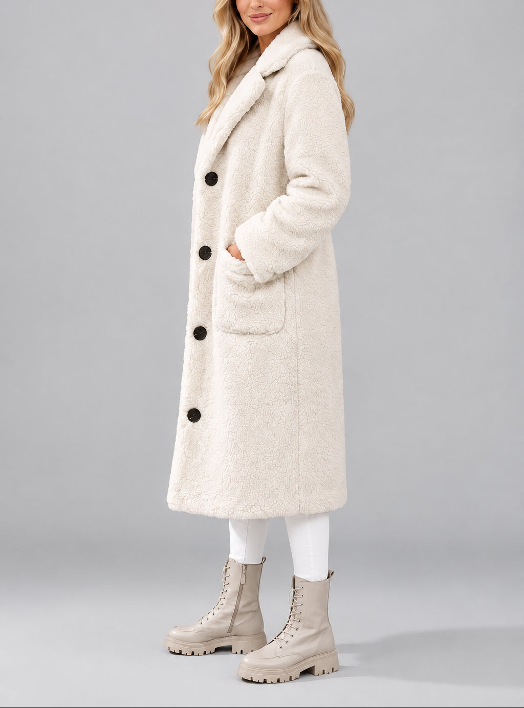 Mabel - Women's Teddy Coat with Notch Collar and Button Front
