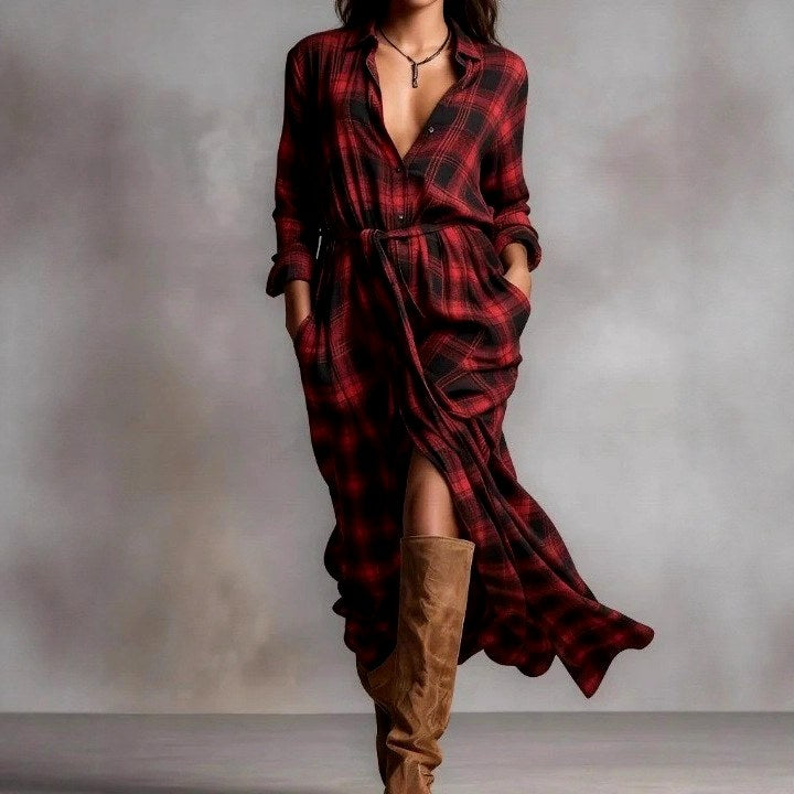 Mabel - Women's Plaid Long Sleeve Shirt Maxi Dress 1