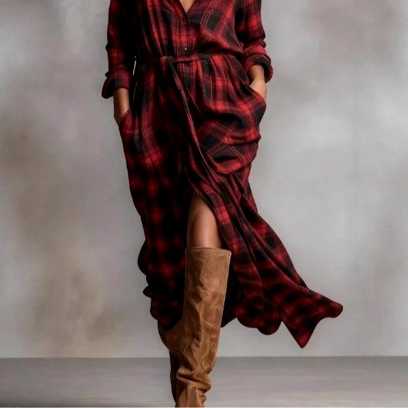 Mabel - Women's Plaid Long Sleeve Shirt Maxi Dress 3