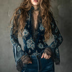 Malia - Women's Vintage Floral Velvet V-Neck Lace Blouse 1