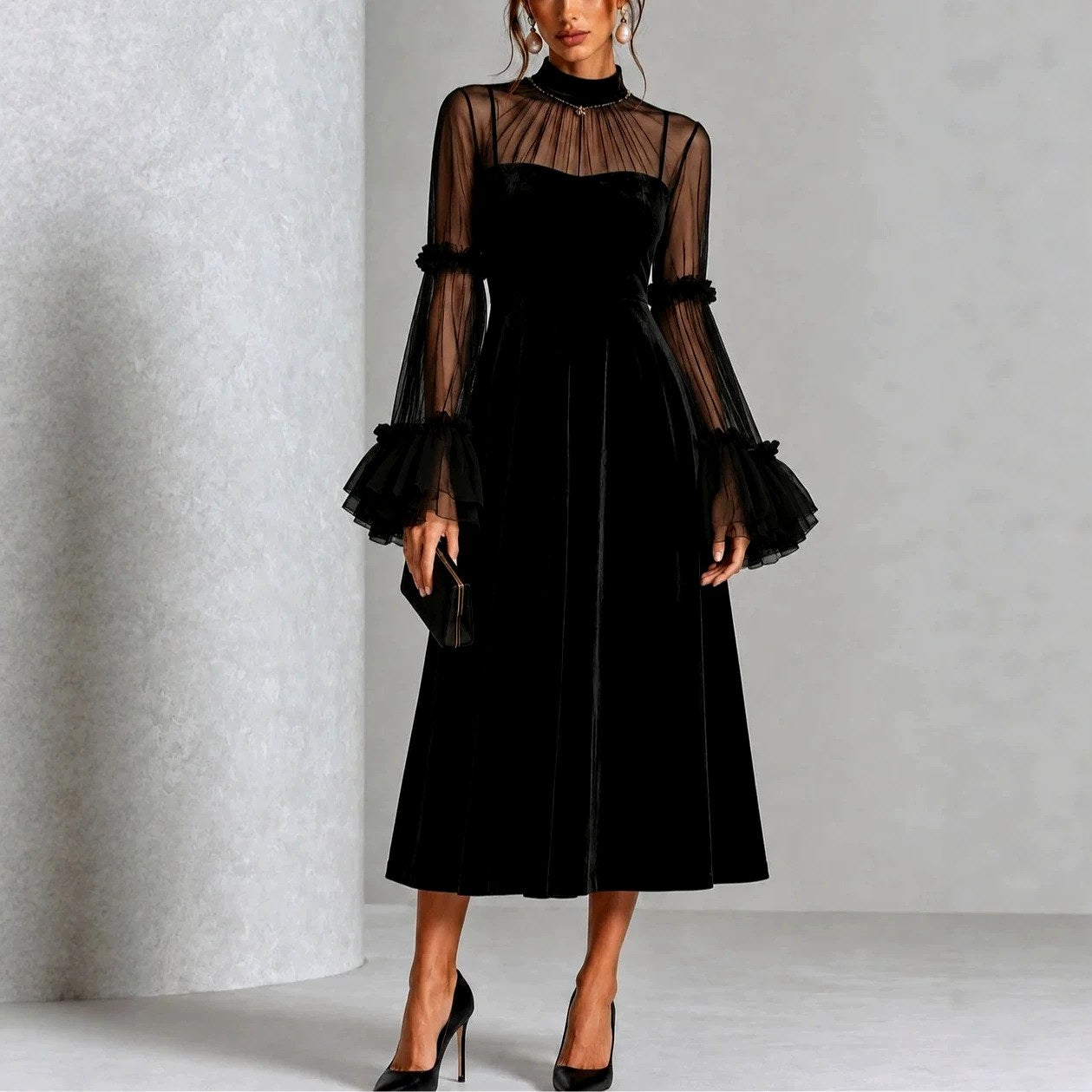 Marga - Women's High-Neck Long-Sleeve Evening Dress with Bell Cuffs 3