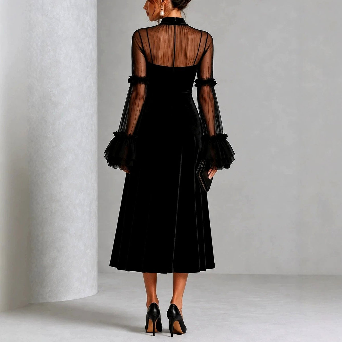Marga - Women's High-Neck Long-Sleeve Evening Dress with Bell Cuffs 4