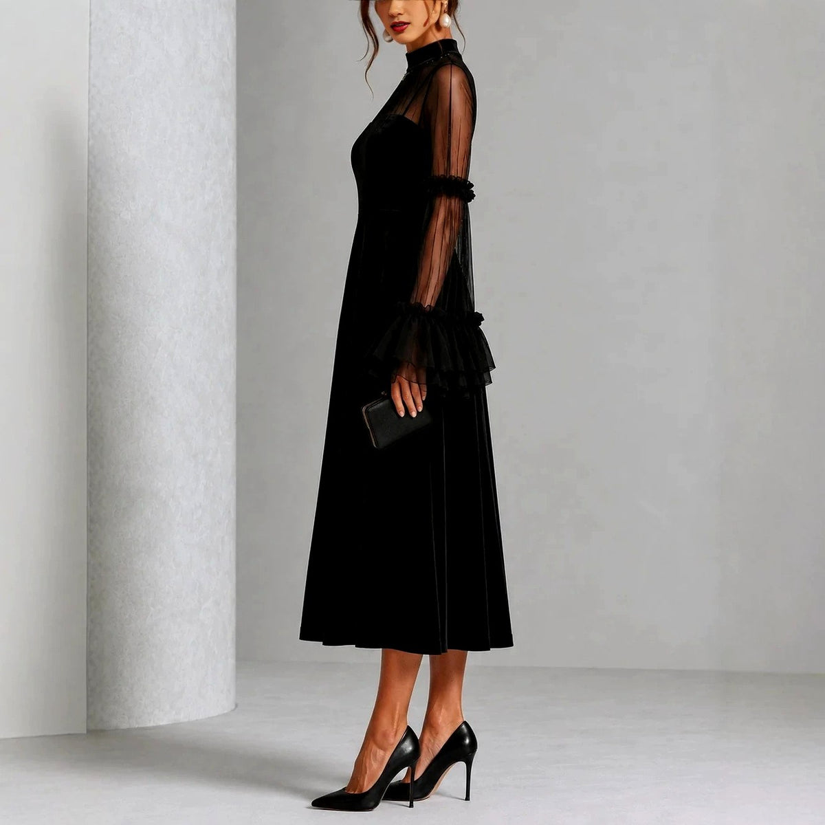 Marga - Women's High-Neck Long-Sleeve Evening Dress with Bell Cuffs 5