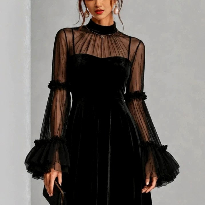 Marga - Women's High-Neck Long-Sleeve Evening Dress with Bell Cuffs 6