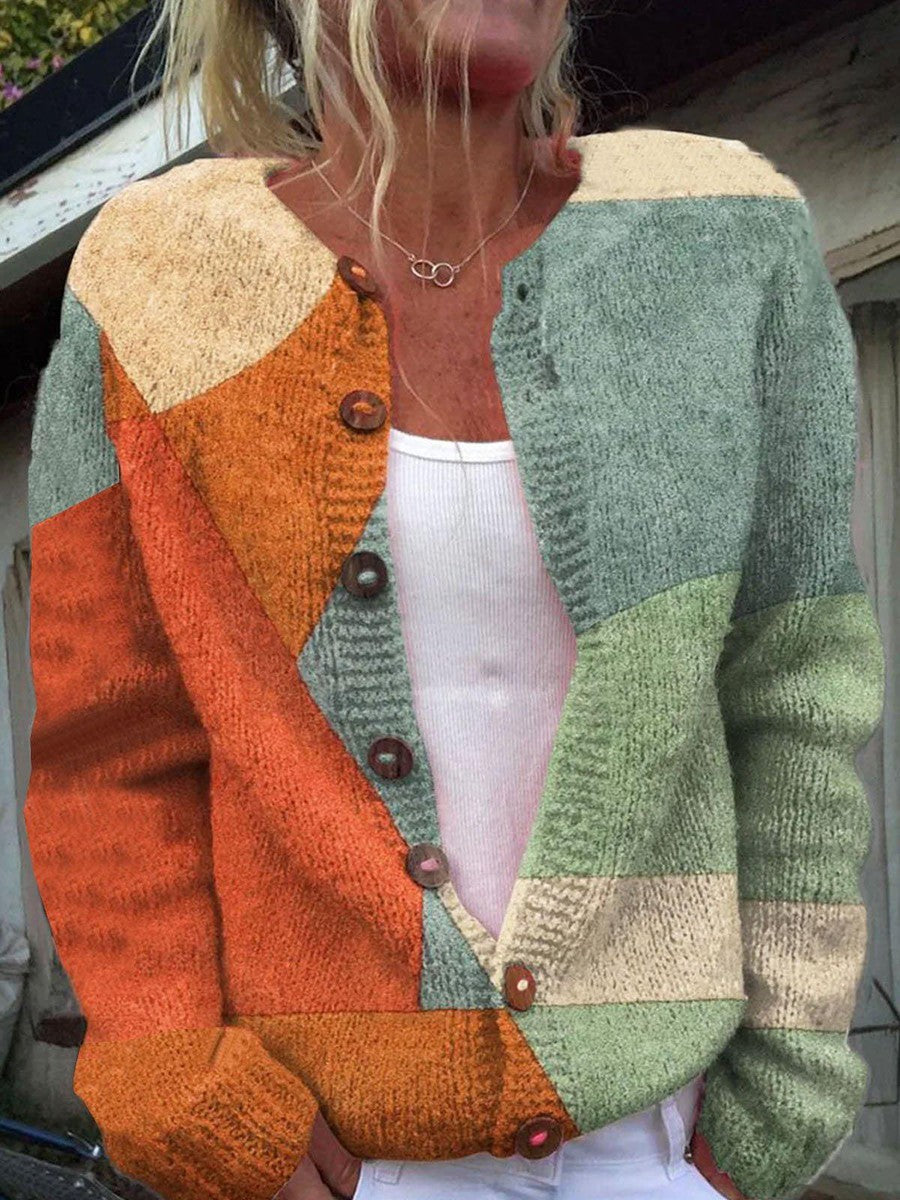 Margot - Women's Colorblock Patchwork Button-Front Cardigan