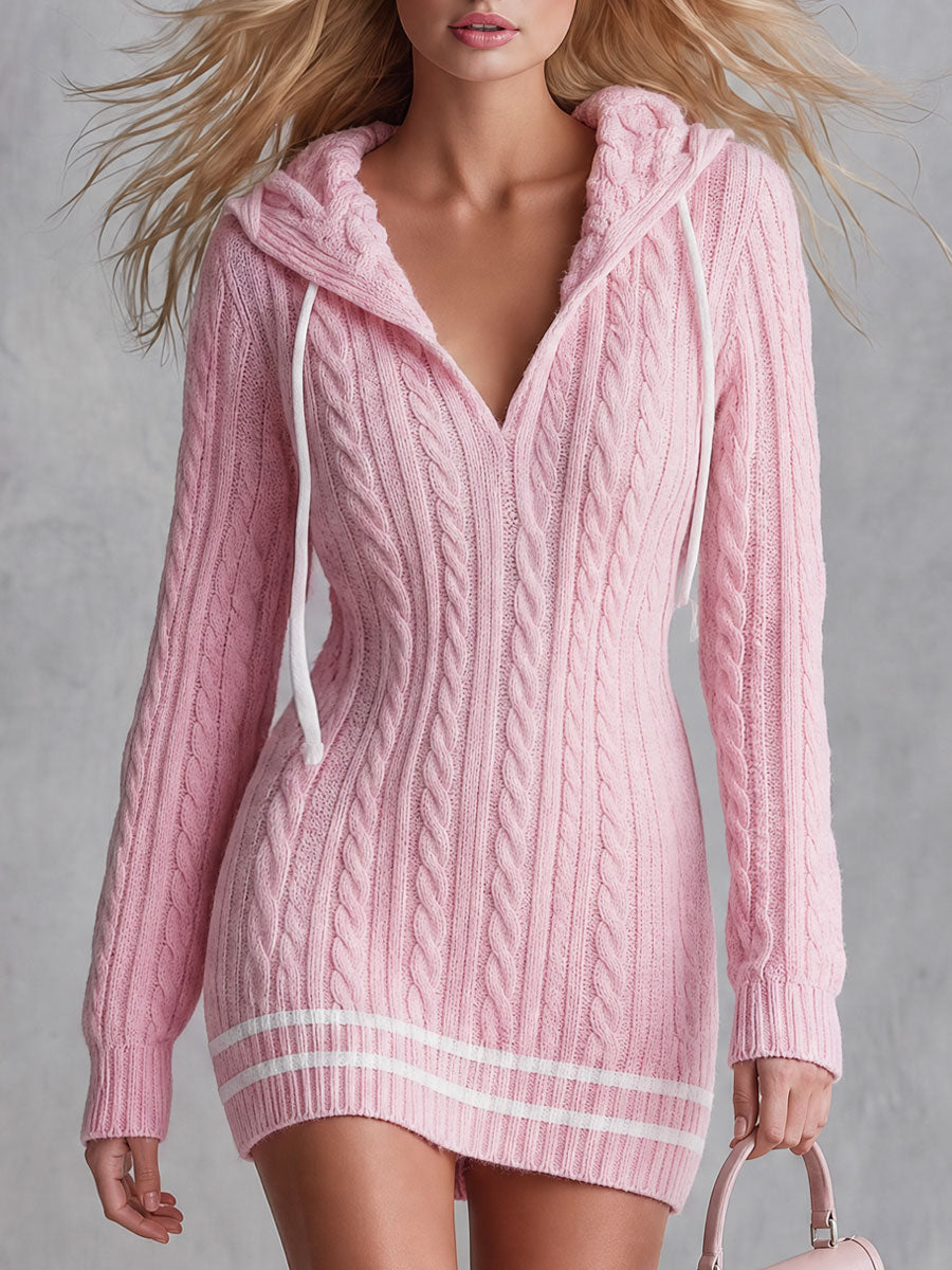 Margot - Women's Hooded Cable-Knit V-Neck Mini Dress